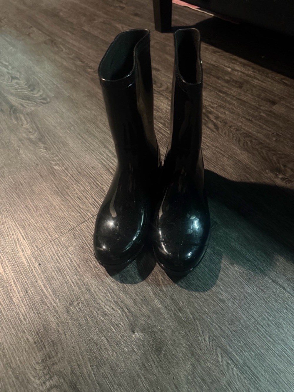 UGG Black Glossy Mid-Calf Rain Boot with Logo Button - Picture 2 of 5